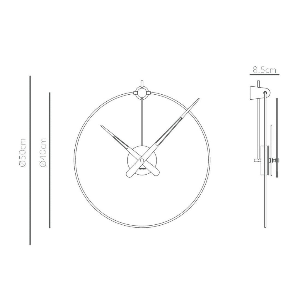 Technical drawing of a wall clock with dimensions on a white background
