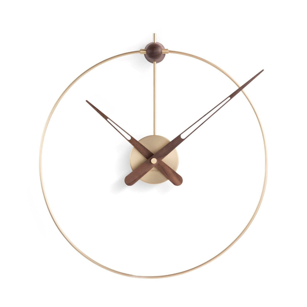 Modern wall clock with gold rim and brown accents on a white background