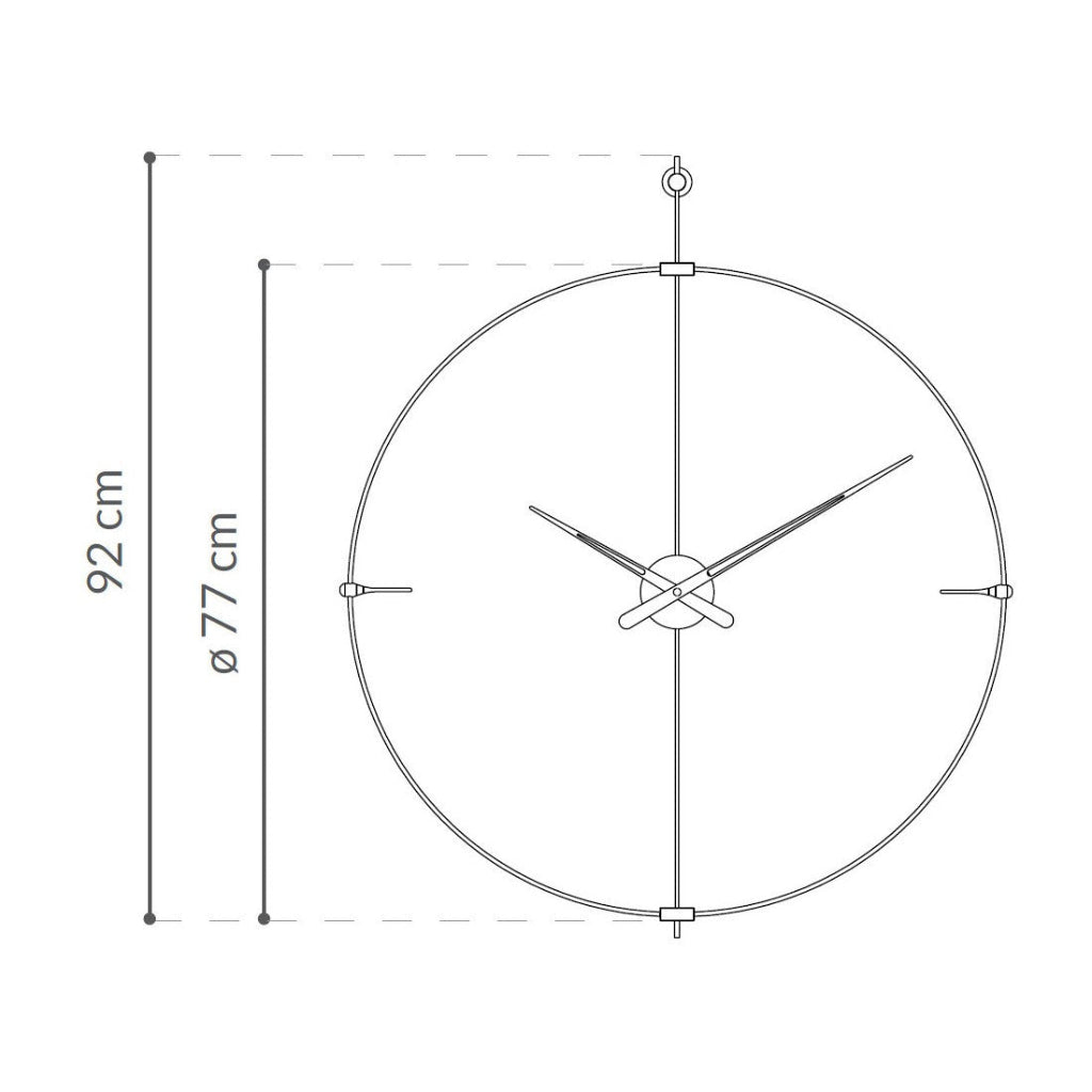 Technical drawing of a wall clock with dimensions on a white background