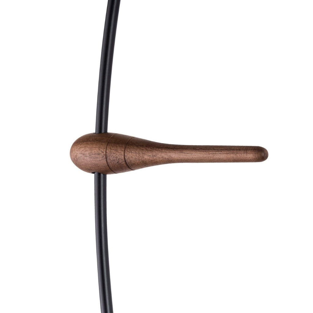 Wooden handle on a black cable against a white background