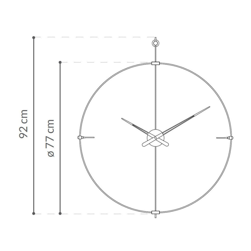 Technical drawing of a wall clock with dimensions on a white background