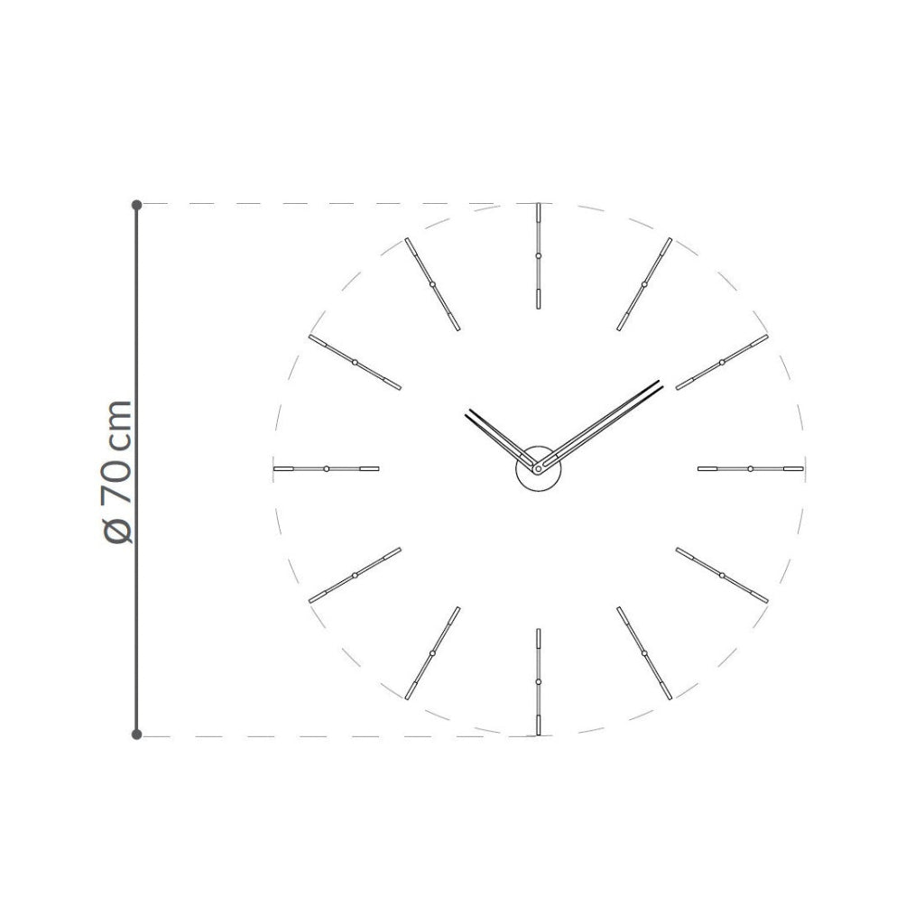 Wall clock with dimensions indicated on a white background