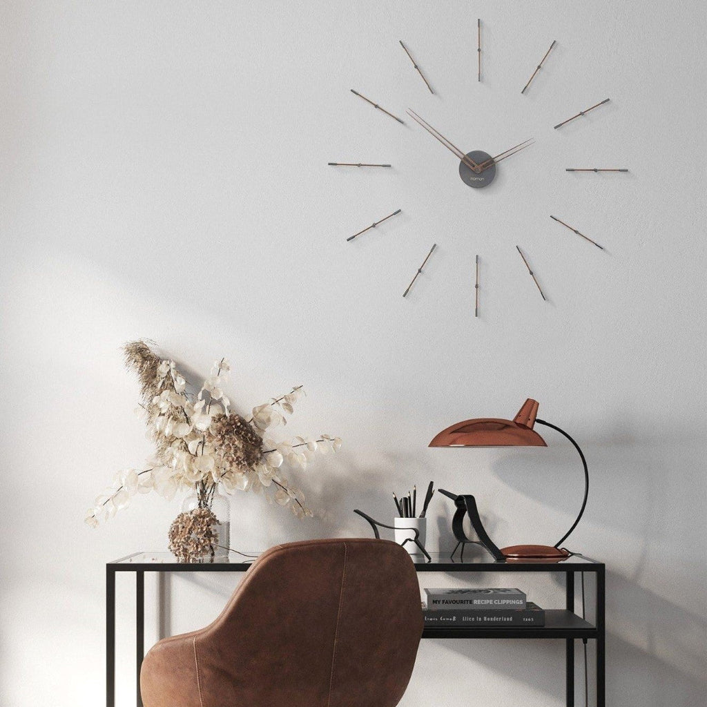 Decorative wall clock with a desk and chair in a room setting