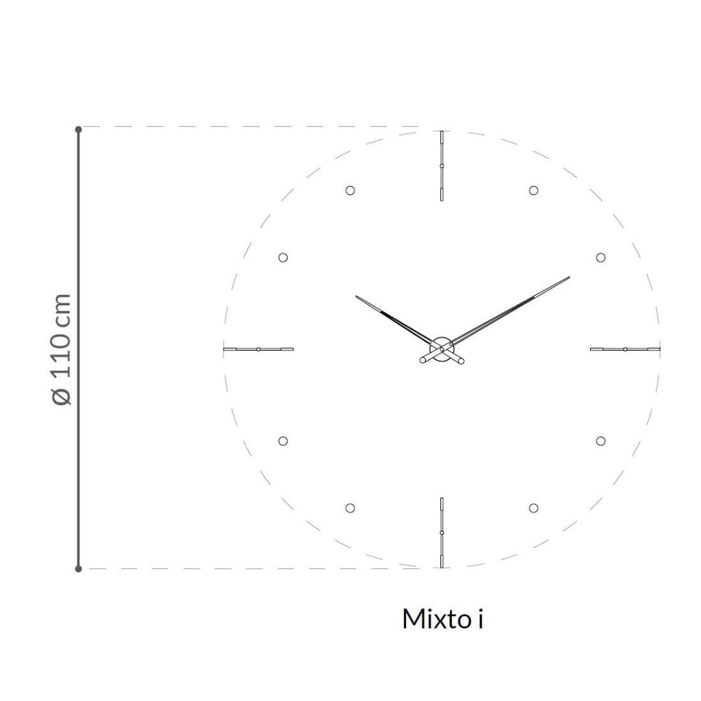 Black clock face with measurements on a white background