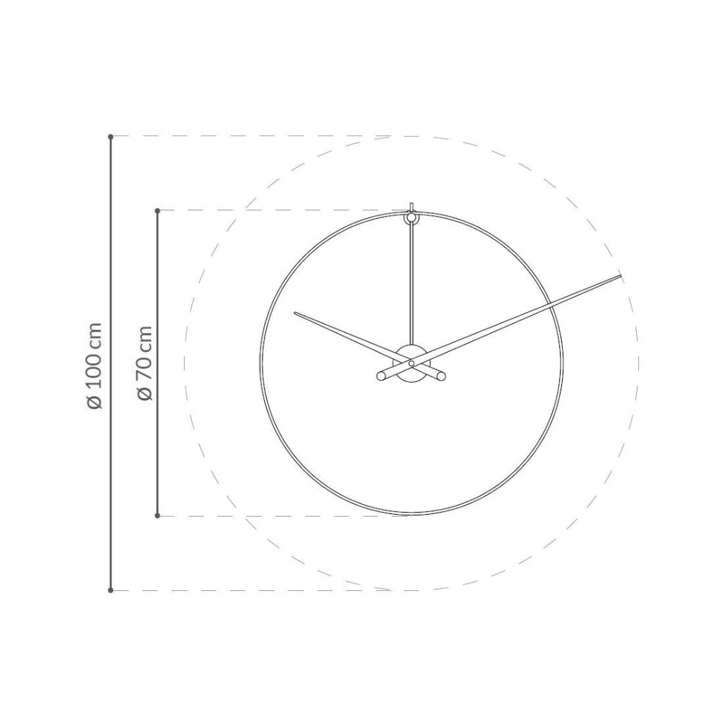Measurement diagram of a wall clock with dimensions on a white background