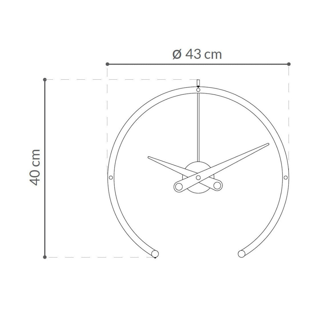 Measurement diagram of a wall clock with dimensions 43 cm diameter and 40 cm height.