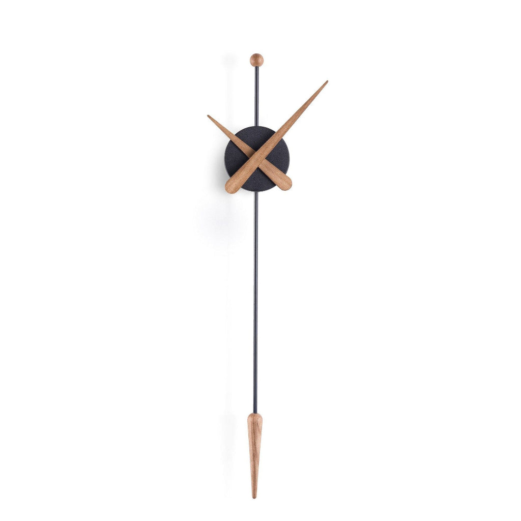 Modern wall clock with black face and wooden hands on a white background available at Spacio retail stores in Mumbaii & Kolkata and online.