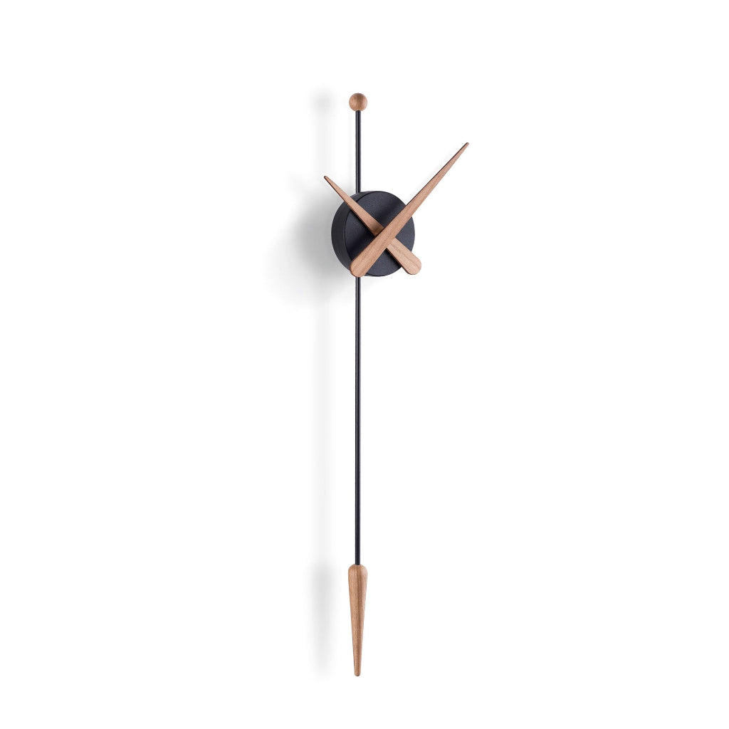 Modern wall clock with black and wooden design on a white background