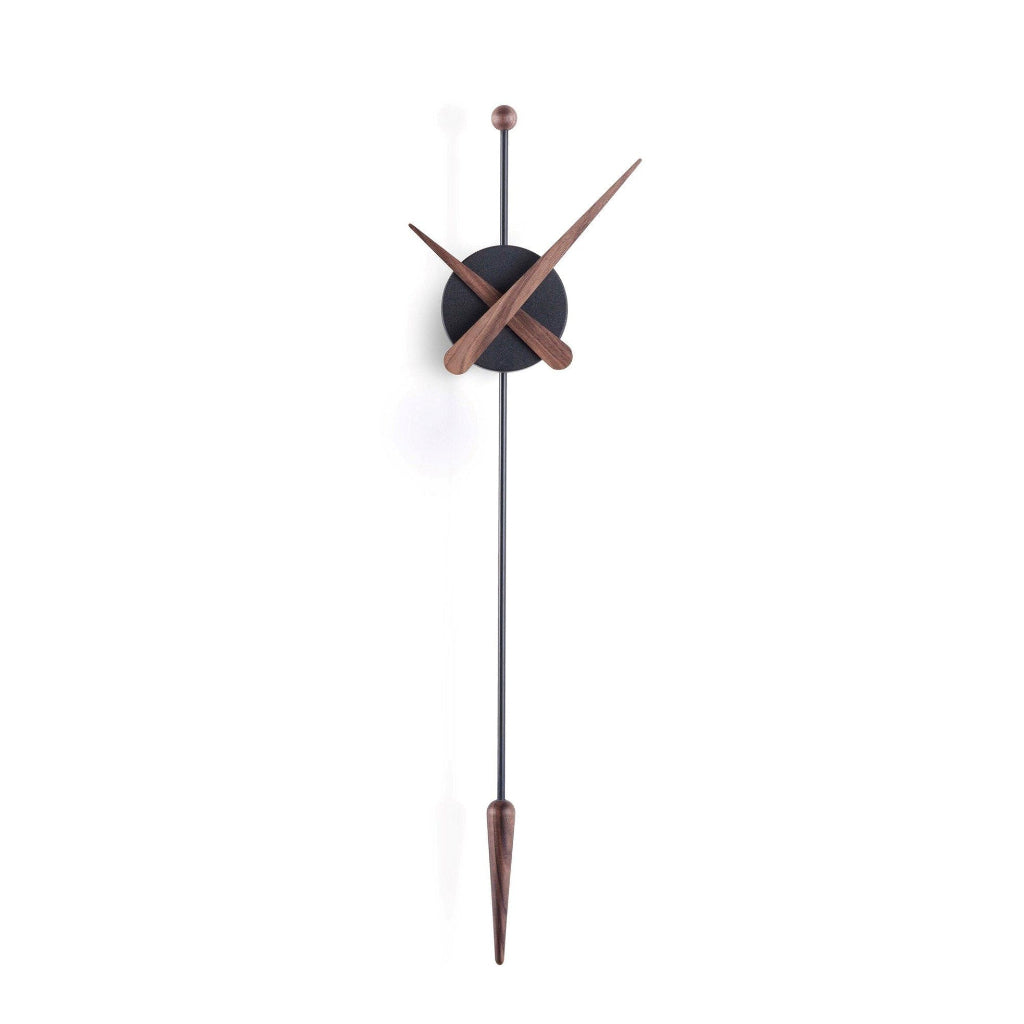 Modern wall clock with black face and wooden hands on a white background available at Spacio retail stores in Mumbaii & Kolkata and online.