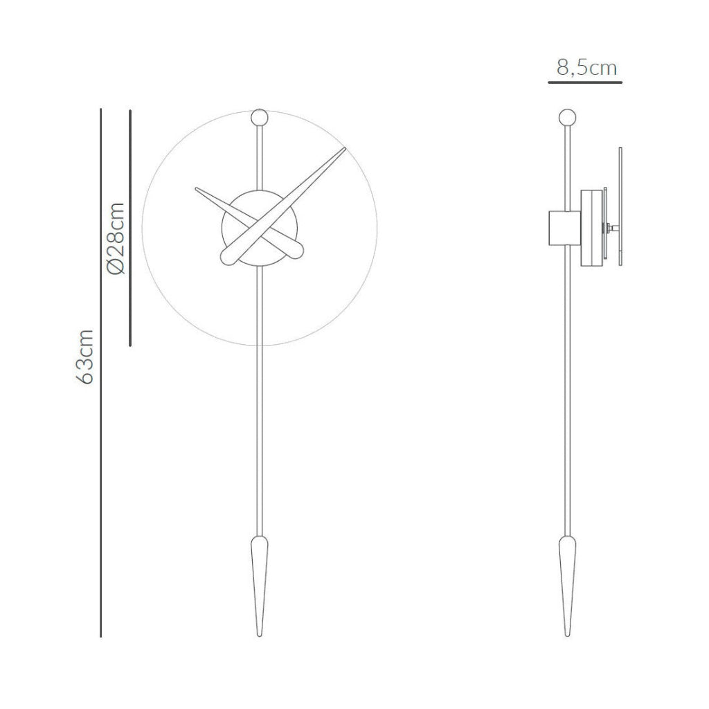 Technical drawing of a wall clock with dimensions on a white background