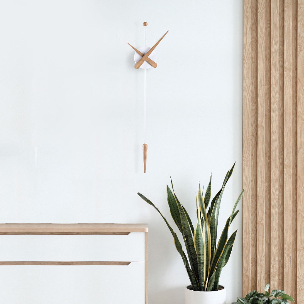 Modern interior with a plant, wooden shelf, and wall clock.