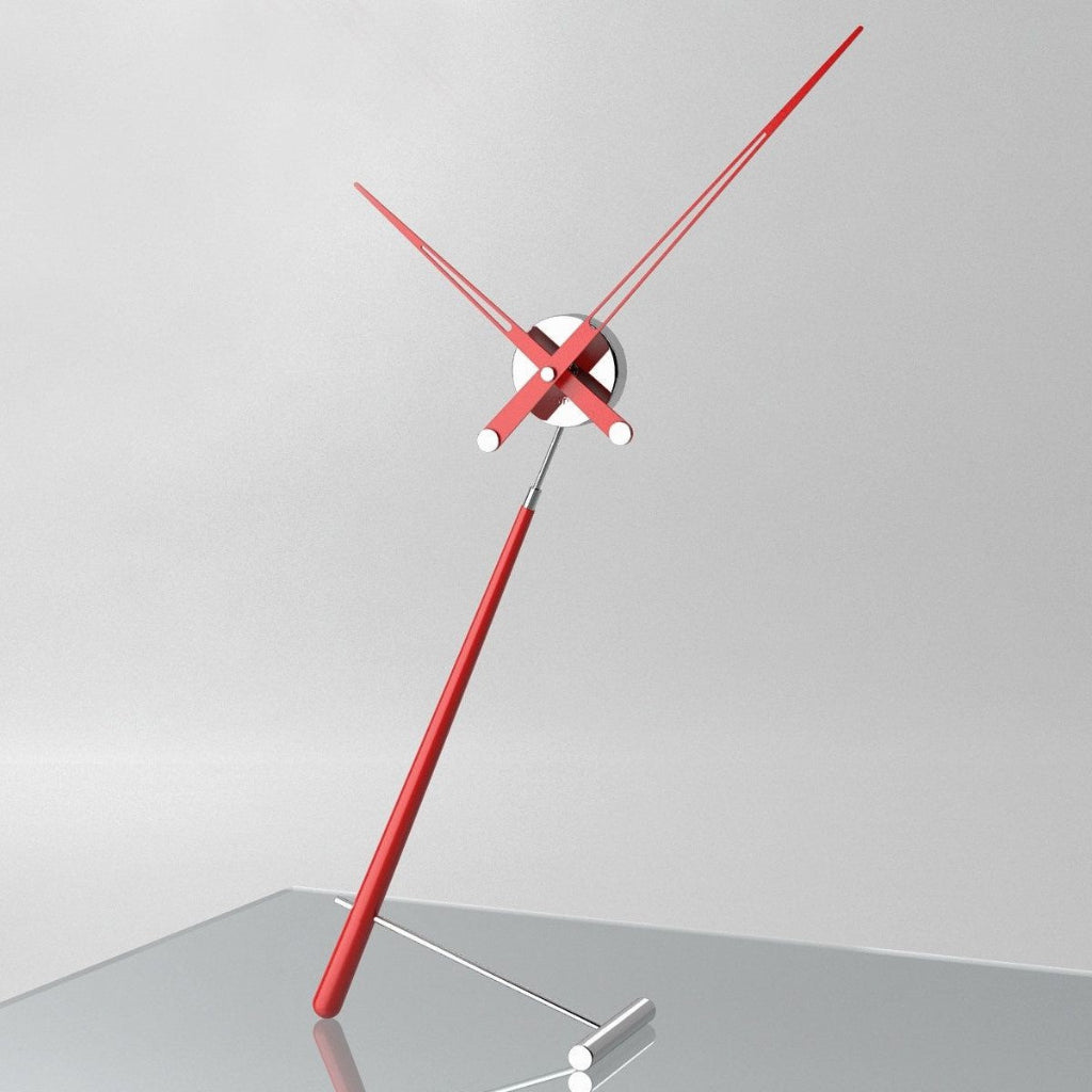 Modern wall clock with red and silver design on a gray background