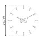 Black and white clock design with measurement details on a white background