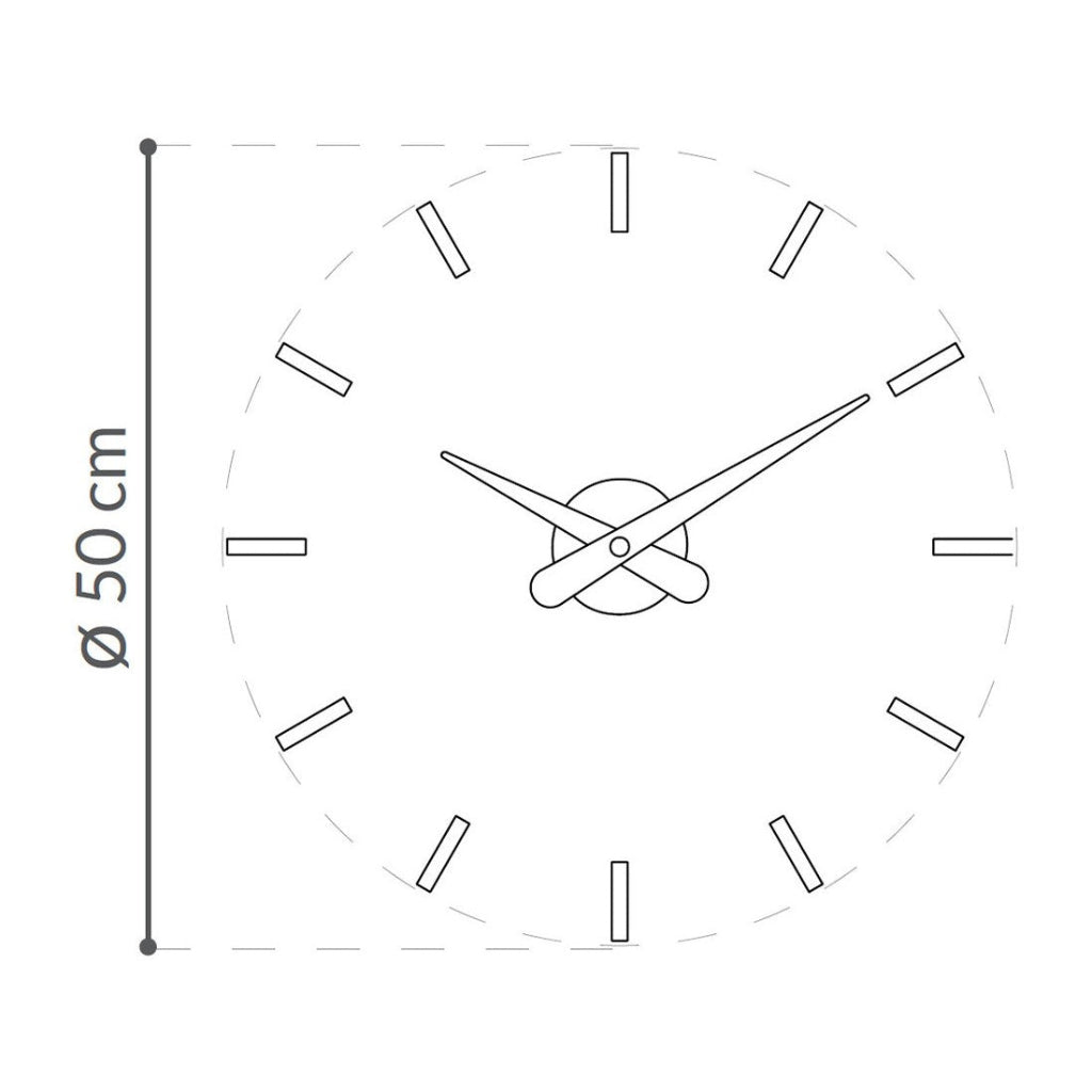Black and white clock design with measurement details on a white background