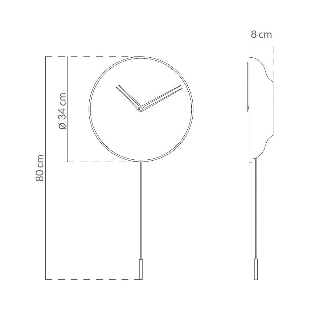 Technical drawing of a wall clock with dimensions on a white background