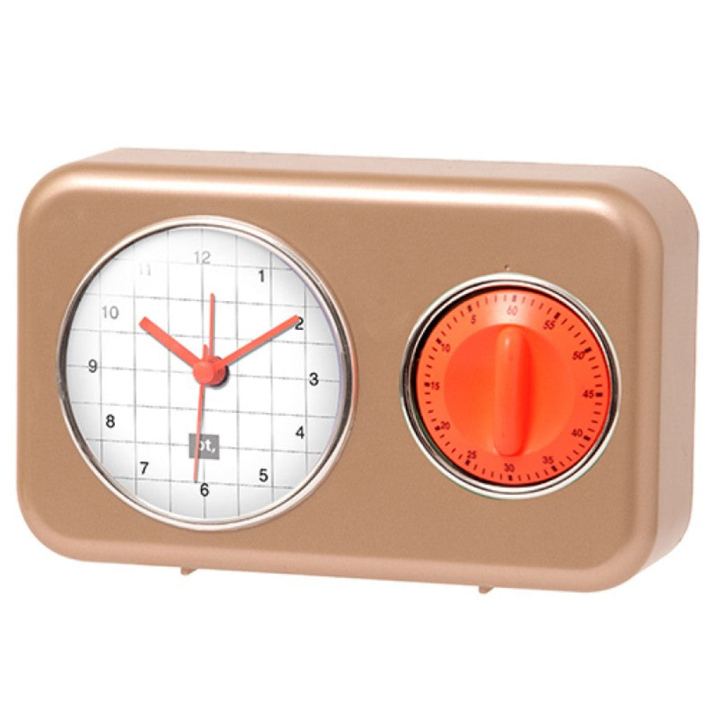 Beige clock with a white face and red accents on a white background 
from PT available at Spacio retail stores in Mumbaii & Kolkata and online.