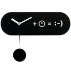 Black wall clock with white symbols and a black pendulum on a white background from Progetti available at Spacio retail stores in Mumbaii & Kolkata and online.