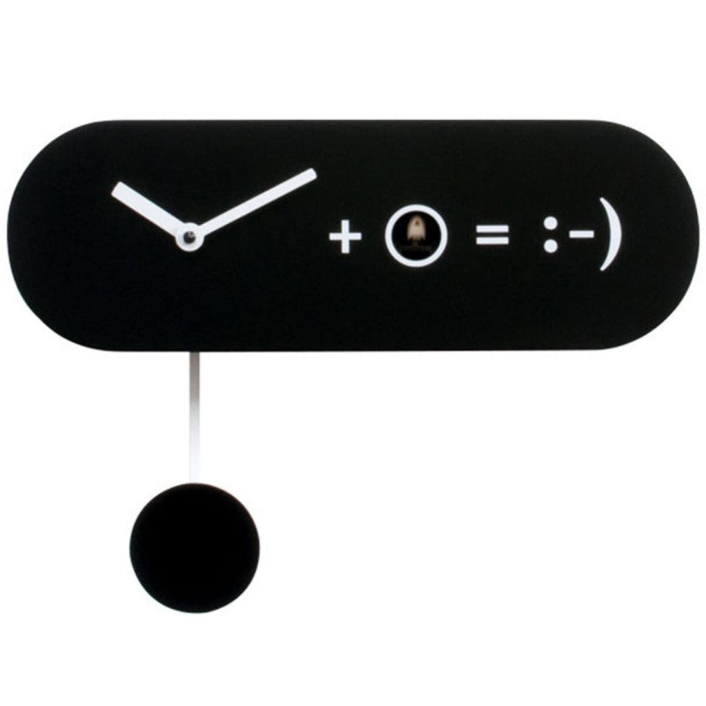 Black wall clock with white symbols and a black pendulum on a white background from Progetti available at Spacio retail stores in Mumbaii & Kolkata and online.