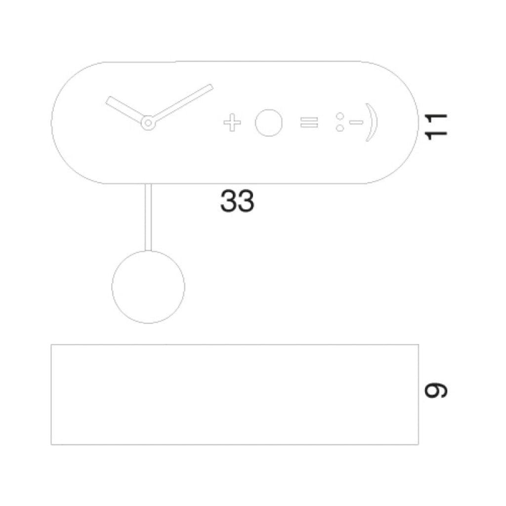 White line drawing of a clock with numbers and symbols on a white background