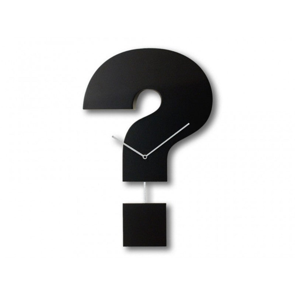 Black question mark-shaped clock on a white background from Progetti available at Spacio retail stores in Mumbaii & Kolkata and online.
