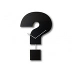 Black question mark-shaped clock on a white background from Progetti available at Spacio retail stores in Mumbaii & Kolkata and online.
