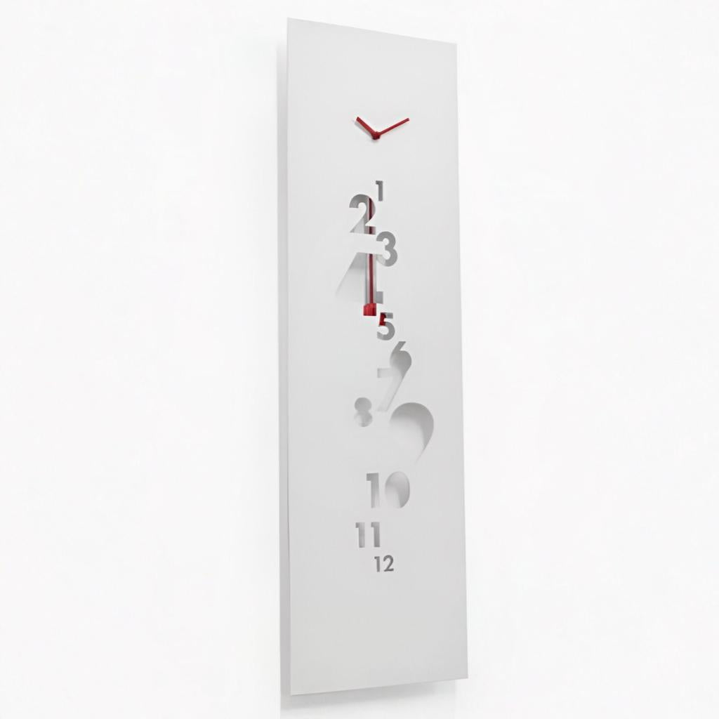 White wall clock with red hands on a white background from Progetti available at Spacio retail stores in Mumbaii & Kolkata and online.