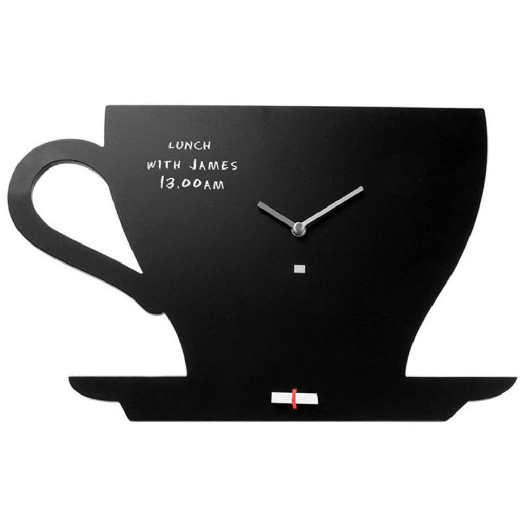 Black clock designed like a coffee cup and saucer with text on a white background from Pt available at Spacio retail stores in Mumbaii & Kolkata and online.