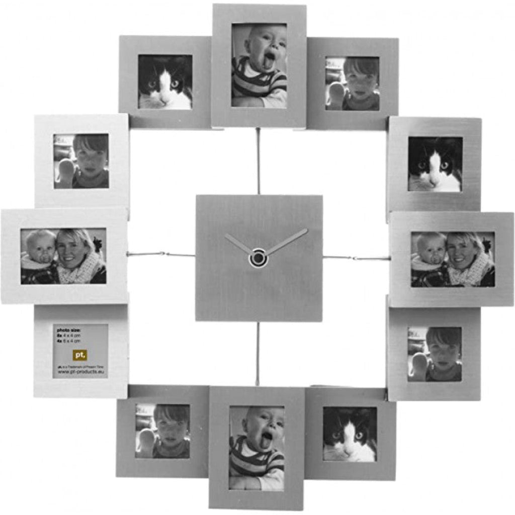 Wall clock with photo frames displaying various images on a white background from PT available at Spacio retail stores in Mumbaii & Kolkata and online.