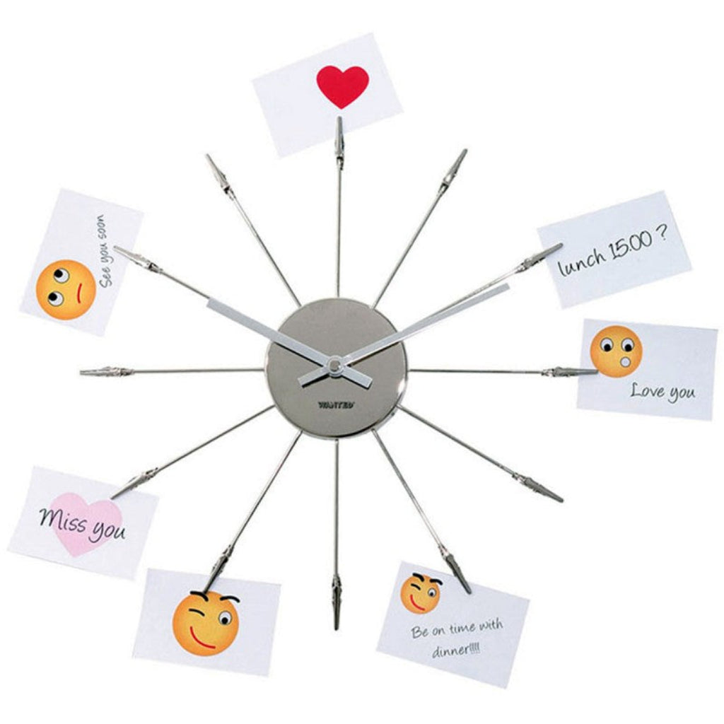 Wall clock with emoji and message cards on a white background from PT available at Spacio retail stores in Mumbaii & Kolkata and online.