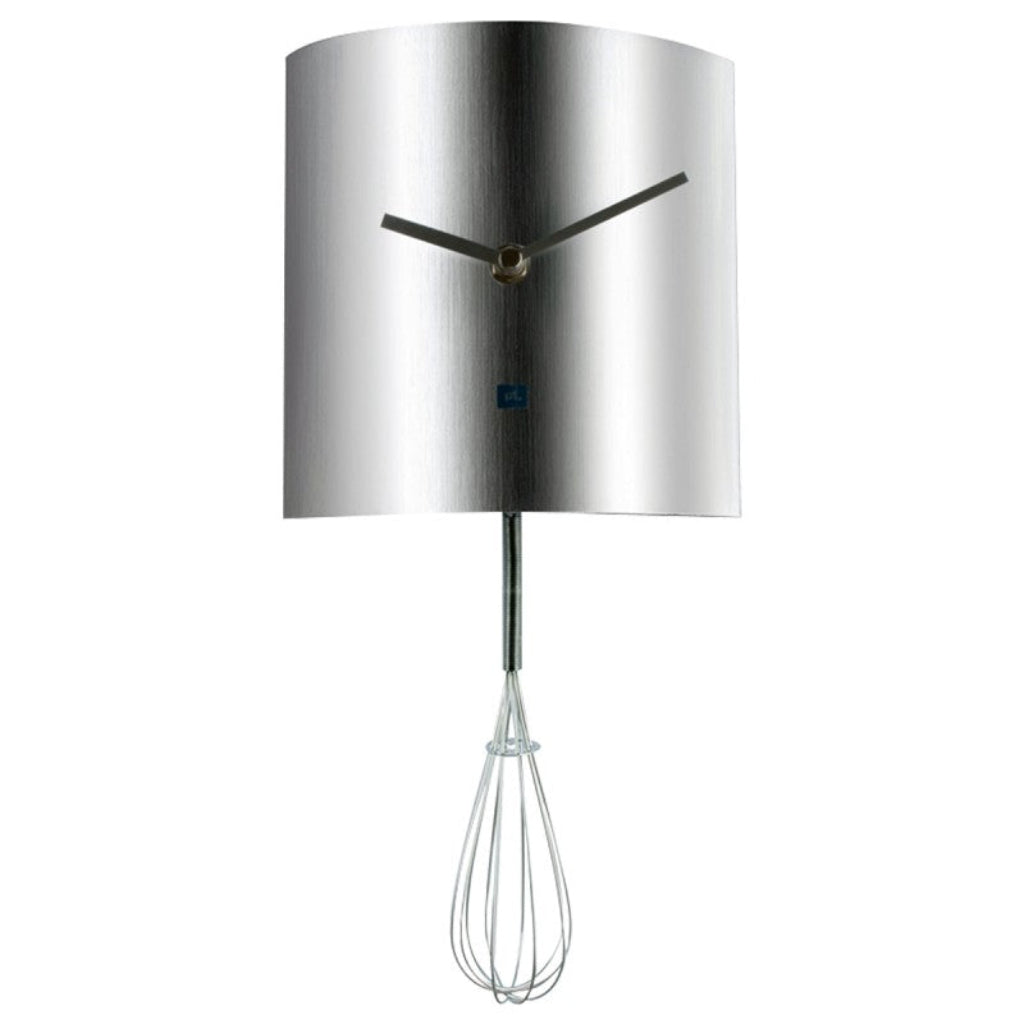 Silver wall clock with a whisk design on a white background from Pt available at Spacio retail stores in Mumbaii & Kolkata and online.